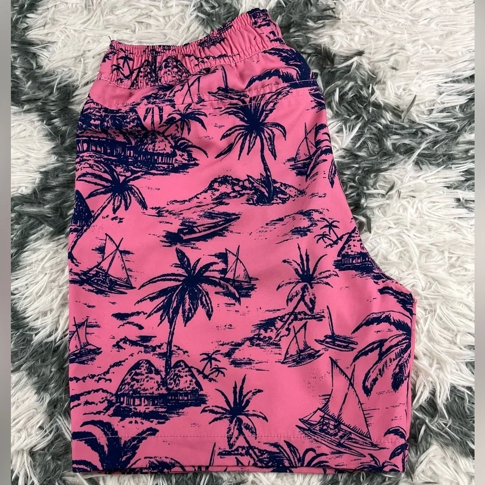 Lucky Brand Men's Pink Blue Swim Trunks Palm Trees Size Small